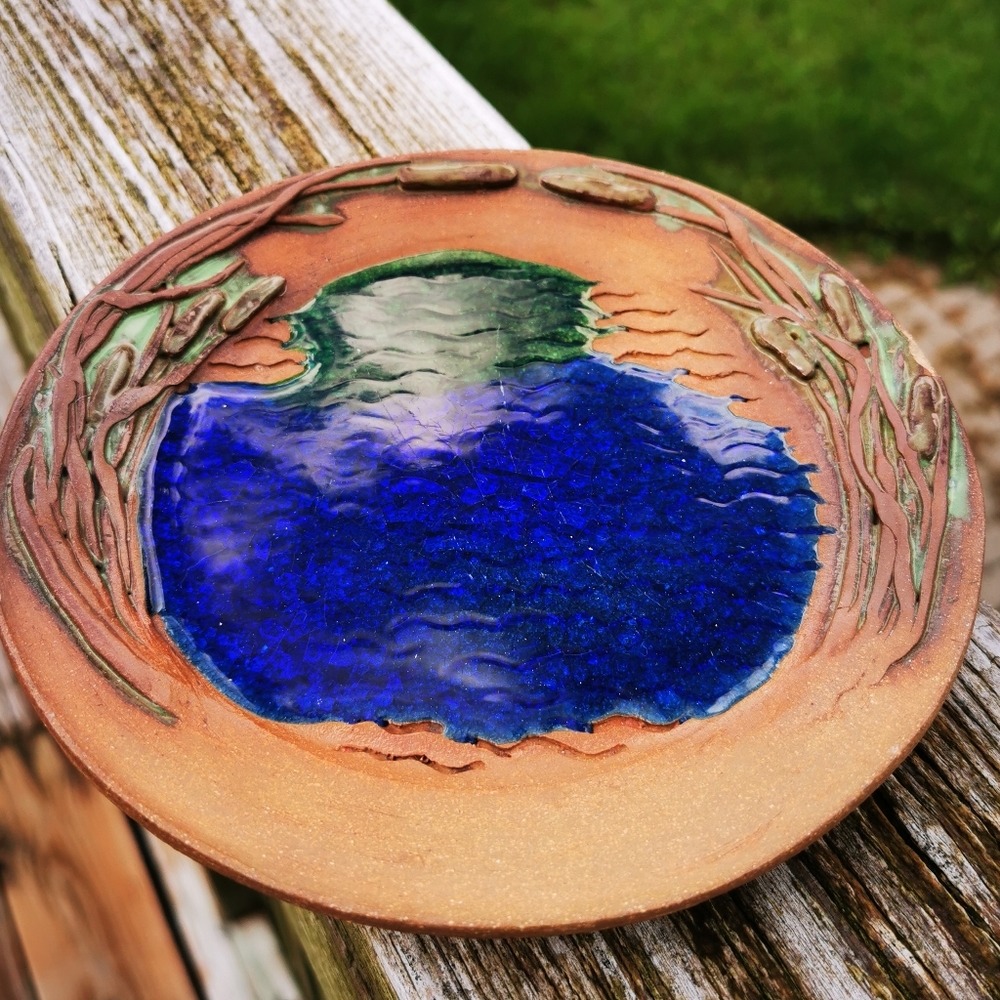 Red Clay Art Pottery Plate with Water Scene and Cat Tails / Bulrush